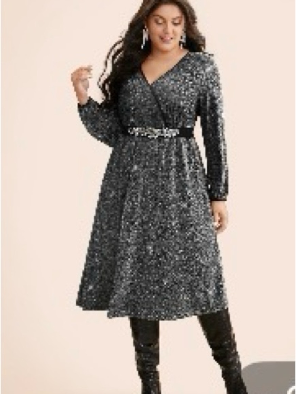 BloomChic Black Sequin Wrap Midi Dress ( belt not included )